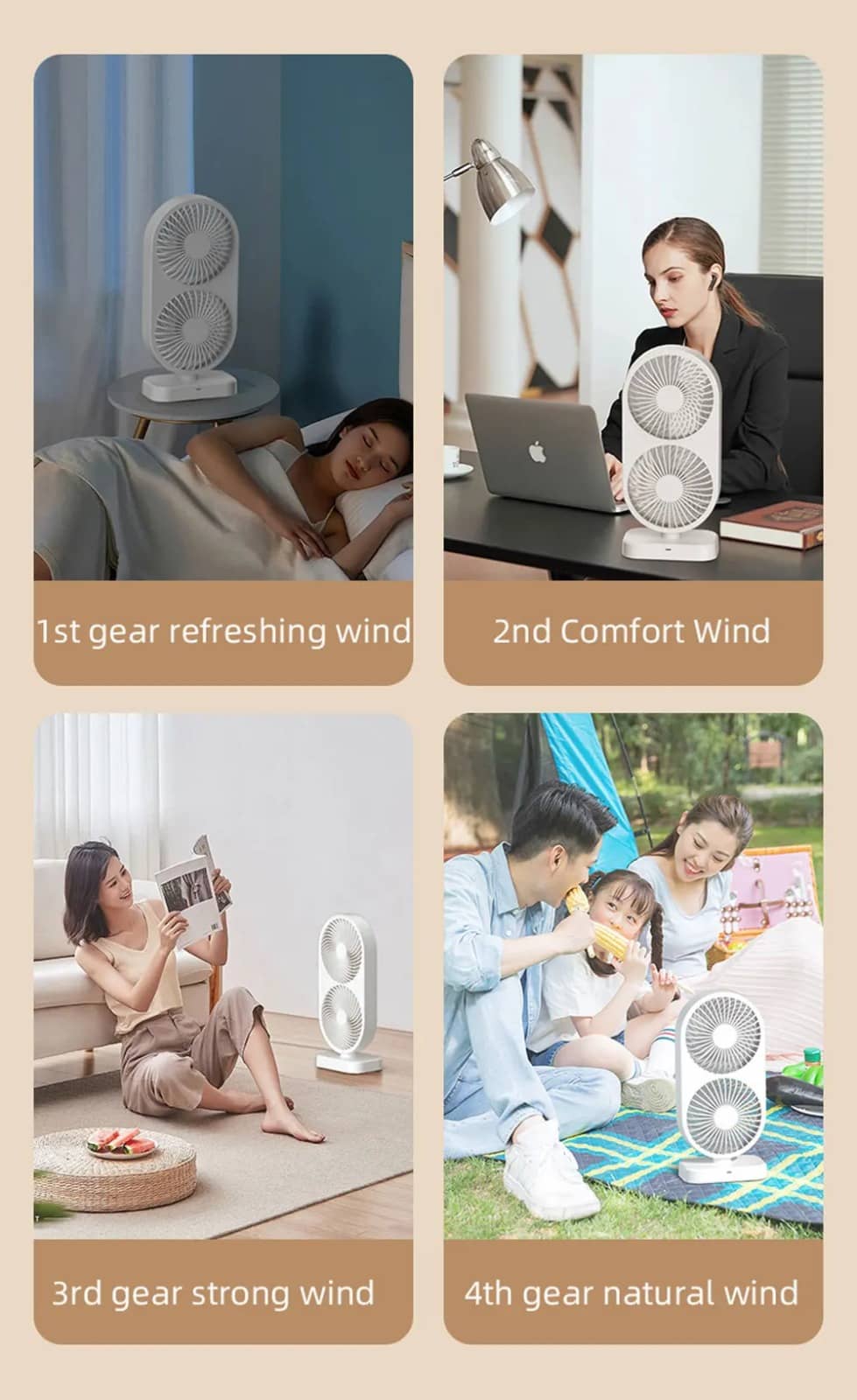 120° Adjustable High Speed Portable Double Head Desk Fan Rechargeable Fan with 4 Speeds Cooling Fan